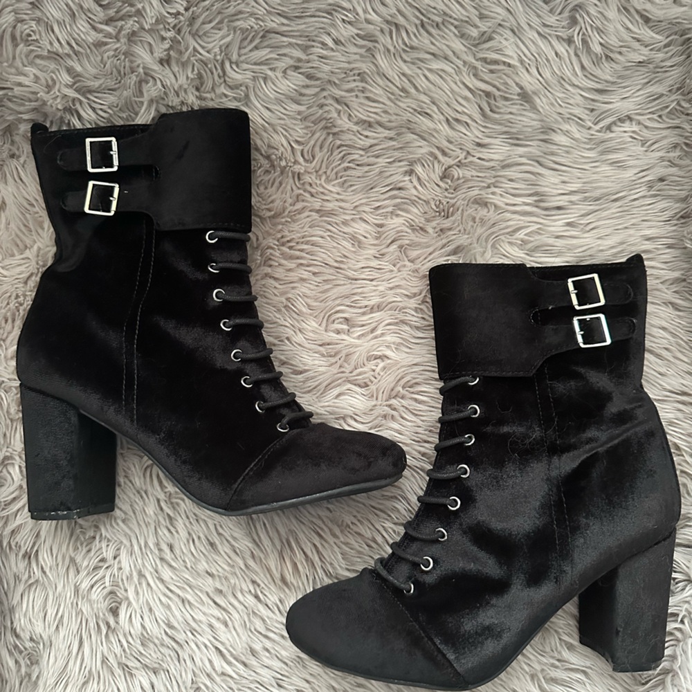Diba Academia Velvet Cuffed Buckle Lace Up Side Zip Block Heel Ankle Bootie